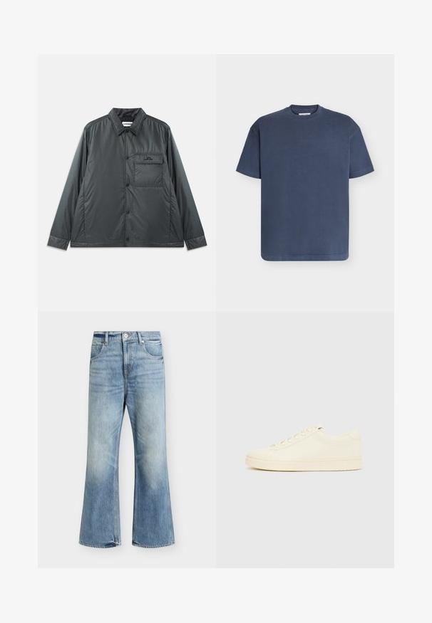 Chaqueta abotonada ligera de color gris oscuro con cuello puntiagudo, mangas largas y un bolsillo en el pecho. Tela suave y brillante con un hardware mínimo.; Camiseta de manga corta azul marino sólido con cuello redondo, diseño sencillo, costuras visibles en las mangas y el dobladillo, colocada plana sobre fondo claro.; Vaqueros azul claro de talle alto y pierna ancha con cierre frontal de botón y cremallera, dos bolsillos delanteros y ligero desteñido en muslos y rodillas.; Zapatilla de color crema con parte superior de cuero liso, puntera redondeada, cierre de cordones y suela de goma texturizada. Diseño minimalista, sin logotipos.