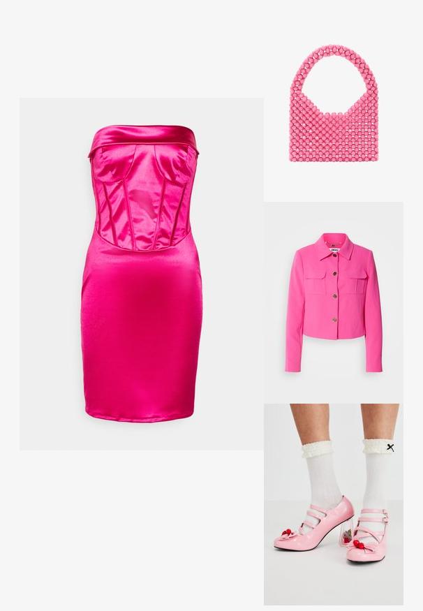 Fuchsia cropped jakke med krave, to brystlommer og guldknapper. Glat stof med en struktureret pasform og lange ærmer.; WAL G. MILLA CORSET - Cocktailkjole / festkjole - fuchsia; Lyserøde laklæderhæle med rund tå, tre remme og kirsebærpynt. Klart blokhæl med blomsterdekorationer. Hvide ribbede sokker.; Lyserød håndtaske lavet af glinsende perler, med et rundt håndtag og åbent top. Struktureret overflade med en gitterlignende perlearrangement.