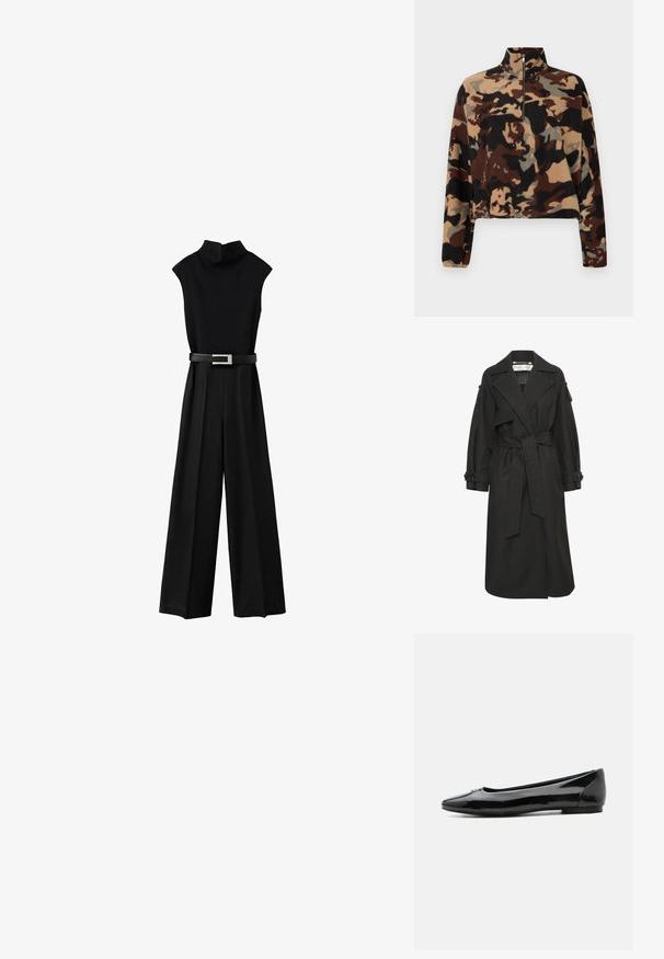 Sort trenchcoat lavet af letvægtsstof, med bælte i taljen, store kraver og knapmanchetter. Enkel og elegant design.; Sort ærmeløs jumpsuit med høj hals og vide ben, med et sort bælte med en rektangulær sølvspænde i taljen.; Langærmet fleece-pullover med brun, sort og beige camouflage-mønster, med halv-lynlås krave og elastiske manchetter.; Sort skinnende laklæder flad sko med rund tå og lav hæl, vist fra siden på hvid baggrund.
