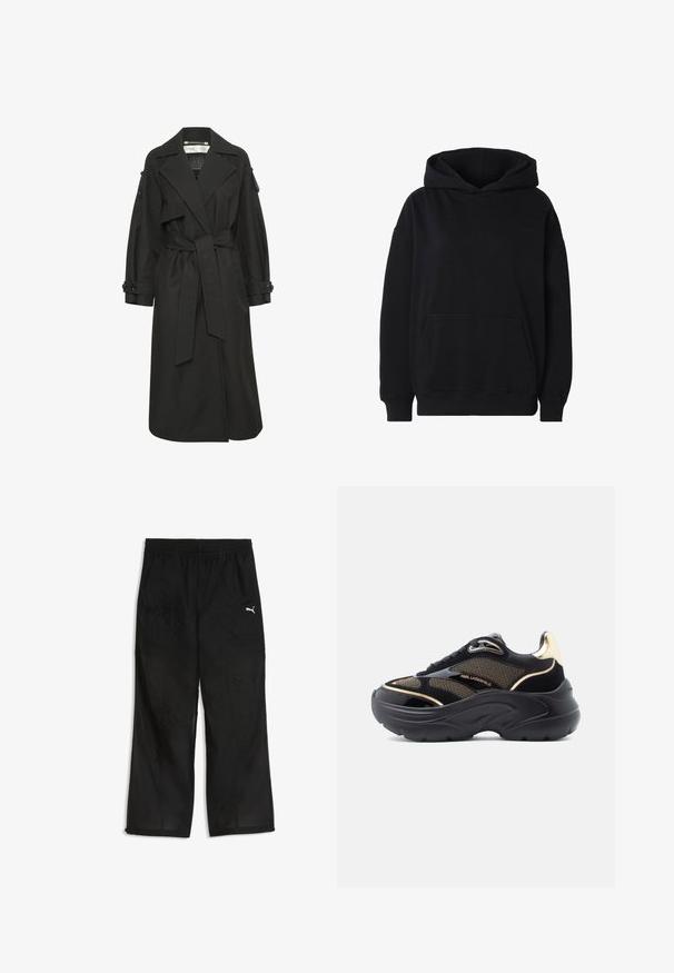 Sort trenchcoat lavet af letvægtsstof, med bælte i taljen, store kraver og knapmanchetter. Enkel og elegant design.; Sort pullover-hoodie med front-kængurulomme, ribstrikkede manchetter og kant samt hætte uden snore.; Sorte atletikbukser lavet af let, tekstureret stof. Har en elastisk talje og en lille hvid logo på venstre ben.; Sort og guld sneaker med mesh og ruskindsoverdel, chunky sort sål og metalliske detaljer samt snøredesign.