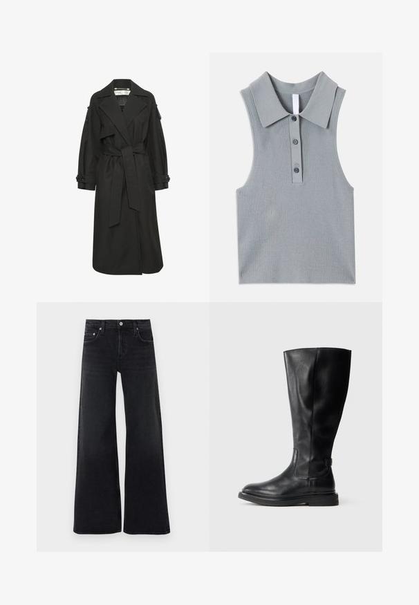 Sort trenchcoat lavet af letvægtsstof, med bælte i taljen, store kraver og knapmanchetter. Enkel og elegant design.; Ærmeløs, kravebeklædt top i lysegråt ribstrikket stof. Har en knappet front med tre knapper og en tekstureret finish.; Sorte sorte bukser med høj talje, brede ben, frontknap og lynlås, bæltestropper og klassisk fem-lomme design.; Sorte læderknæhøje støvler med rund tå, let struktureret overdel og gummisål. Har en sideløsning for nem påtagning.
