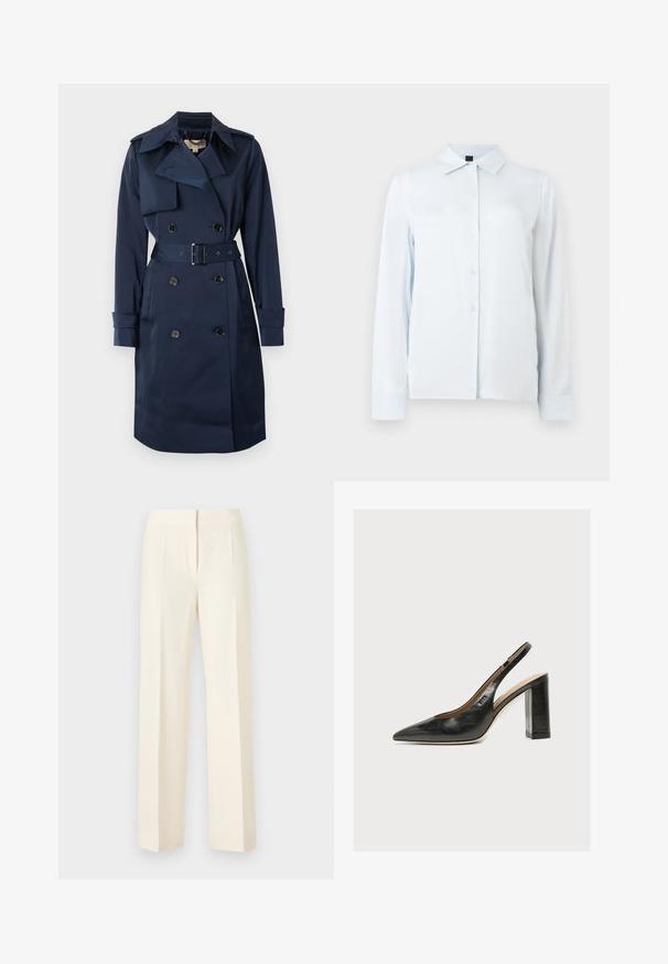 Trench-coat bleu marine à double boutonnage avec large col, taille ceinturée, épaulettes et manches longues avec brides aux poignets.; Chemise blanche à manches longues avec col pointu et poignets, présentée sur un fond clair uni.; Pantalon droit sur mesure couleur blanc cassé avec pli avant, ceinture et fermeture avant dissimulée sur un fond uni.; Chaussure slingback femme en cuir noir avec bout pointu et talon bloc épais et haut sur fond blanc.
