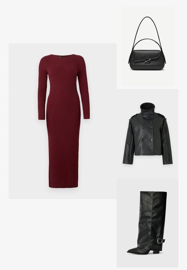 Sort læderjakke med høj krave, dobbeltradet design, store knapper og skulderklapper. Glat tekstur, cropped længde.; Bordeaux ribbet strikket maxikjole med lange ærmer og bådudskæring, der har en tætsiddende silhuet og subtil tekstur over det hele.; Sorte læder ankelstøvler i ankellængde med spids tå, glat tekstur og en sølvspændeaccents på siden. Kraftig firkantet hæl.; Sort læderhåndtaske med afrundede kanter, asymmetrisk klap, metalcirkulært spænde samt både korte og lange skulderstropper.