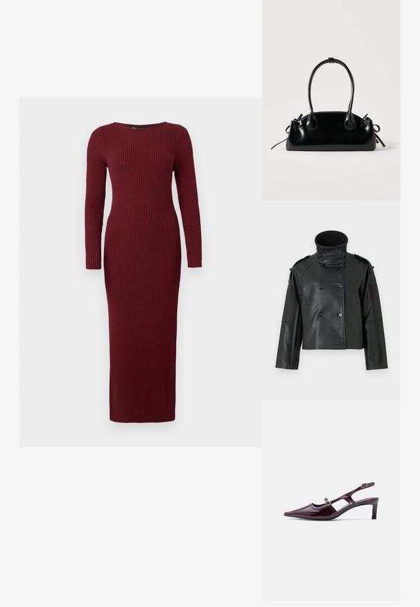 Sort læderjakke med høj krave, dobbeltradet design, store knapper og skulderklapper. Glat tekstur, cropped længde.; Bordeaux ribbet strikket maxikjole med lange ærmer og bådudskæring, der har en tætsiddende silhuet og subtil tekstur over det hele.; Bordeaux laklæder slingback-sko med spids tå, lav hæl og dobbelte justerbare spænderem.; Lille sort blank håndtaske med to lange håndtag og snøre-detaljer i siden på en ensfarvet lys baggrund.