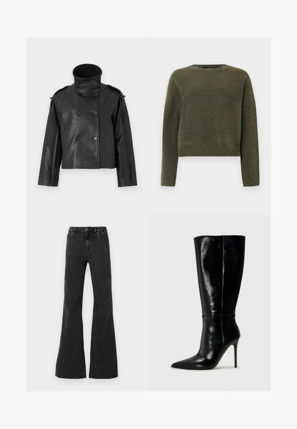 Sort læderjakke med høj krave, dobbeltradet design, store knapper og skulderklapper. Glat tekstur, cropped længde.; Oliven grøn, cropped sweater lavet af blødt strikmateriale. Har lange ærmer og en rund halsudskæring med en diskret central sømdetalje.; Sorte flare jeans lavet af denim, med høj talje, forlommer og synlige sømme. Glat tekstur med en let glans.; Sorte læderknælange støvler med spids tå og høj stilettohæl. Glat tekstur og slank design, med minimalt detaljer.