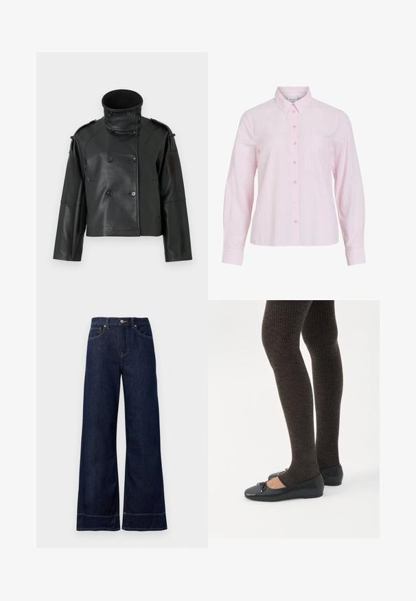 Sort læderjakke med høj krave, dobbeltradet design, store knapper og skulderklapper. Glat tekstur, cropped længde.; Lyserød langærmet skjorte med lodrette hvide striber, knaplukning foran, krave og en venstre brystlomme. Glat bomuldsstof.; Mørkeblå brede jeans lavet af denim. Har en knaplukning, stikninger og sidelommer. Udfoldet nederste kant.; Ben iført mørke ribbede leggings kombineret med sorte balletsko med små sløjfedetaljer på hvid baggrund.