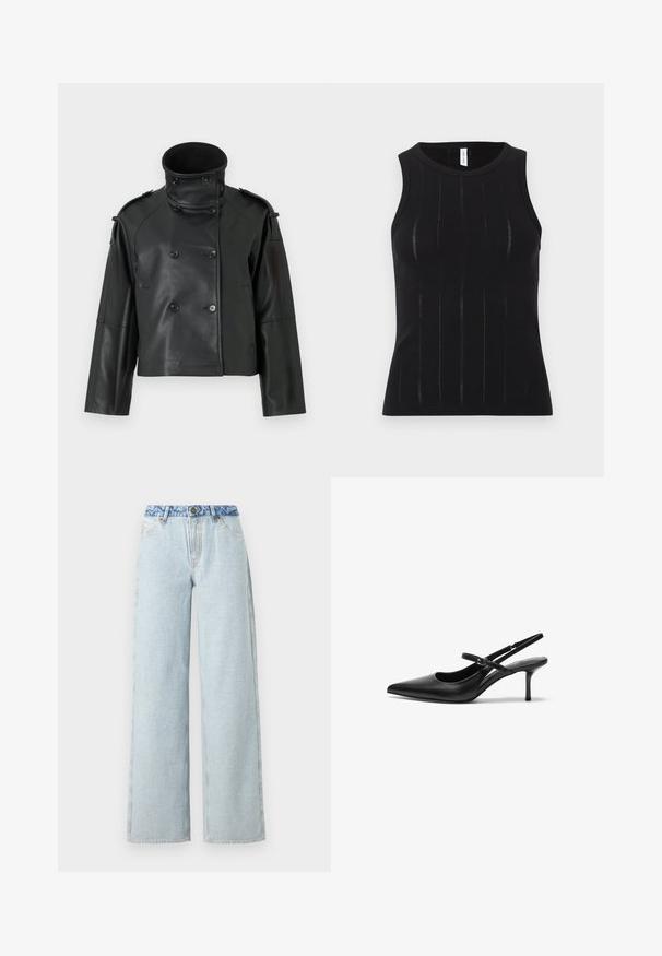 Sort læderjakke med høj krave, dobbeltradet design, store knapper og skulderklapper. Glat tekstur, cropped længde.; Sort ærmeløs top med ribstrikket tekstur med lodrette linjer og diskrete udskæringer. Rund halsudskæring og tætsiddende design.; Lysblå vid jeans med en falmet vask, med en kontrasterende blå denimlivrem og en traditionel fem-lomme design.; Sorte læder slingback hæle med spids tå, slank justerbar rem og en stiletto hæl på cirka 5 cm, glat tekstur.
