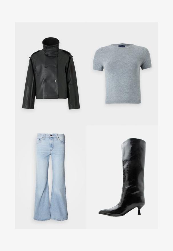 Schwarze Lederjacke mit hohem Kragen, doppelter Knopfleiste, großen Knöpfen und Schulterklappen. Glatte Textur, cropped Länge.; Graues Kurzarm-T-Shirt aus weichem Strickstoff, mit rundem Halsausschnitt und tailliertem Schnitt, minimaler Naht und ohne Muster.; Hellblaue Jeans mit ausgestelltem Bein, hoher Taille, Denim-Stoff, fünf Taschen und Knopfverschluss. Die Beine sind weit geschnitten und haben ein leicht ausgewaschenes Finish.; Schwarzer glänzender kniehoher Lederstiefel mit spitzer Spitze und niedrigem, gebogenem Absatz auf einfachem hellem Hintergrund.