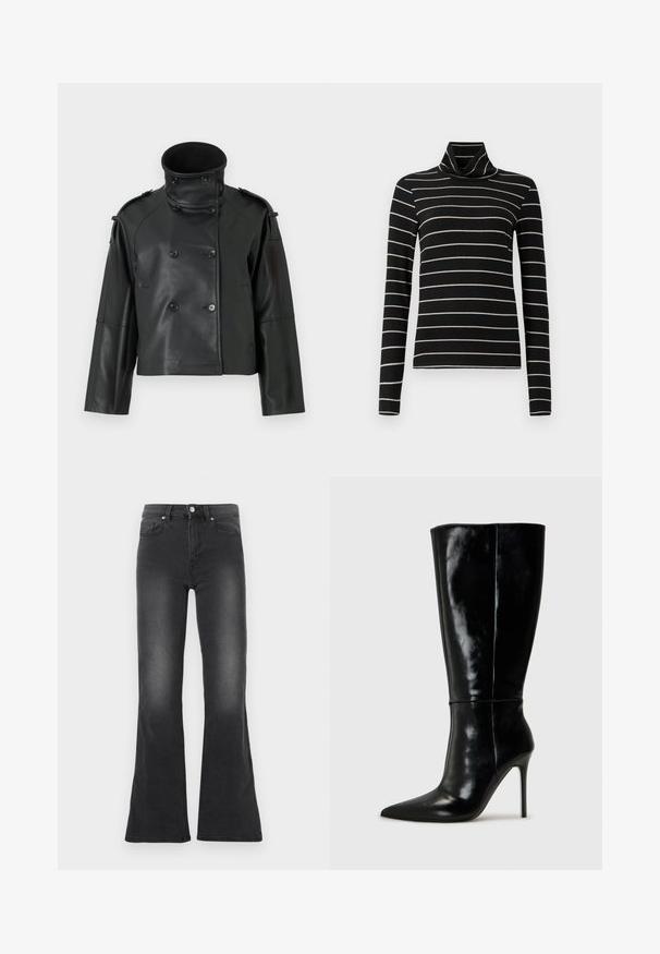 Sort læderjakke med høj krave, dobbeltradet design, store knapper og skulderklapper. Glat tekstur, cropped længde.; Sort turtleneck med lange ærmer, der har vandrette hvide striber. Blødt stof med en glat tekstur. Løst design, alsidig stil.; Sorte jeans med vidde, lavet af denim med en falmet finish, med knaplukning, fem-lomme-design og høj talje.; Sorte læderknælange støvler med spids tå og høj stilettohæl. Glat tekstur og slank design, med minimalt detaljer.