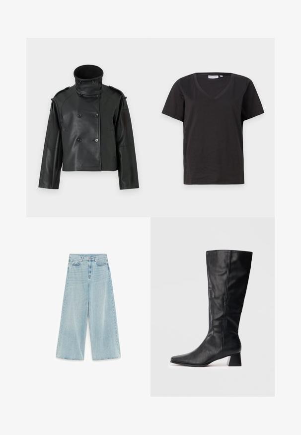 Schwarze Lederjacke mit hohem Kragen, doppelter Knopfleiste, großen Knöpfen und Schulterklappen. Glatte Textur, cropped Länge.; Schwarzes Baumwoll-T-Shirt mit V-Ausschnitt und kurzen Ärmeln. Einfaches Design mit normalem Schnitt und ohne Muster oder Akzente.; Hellblaue, weit geschnittene Jeans mit hohem Bund, Knopf- und Reißverschluss vorne sowie fünf Taschen.; Schwarze Lederstiefel in Knöchelhöhe mit spitzer Zehe und Blockabsatz auf schlichtem, hellen Hintergrund.