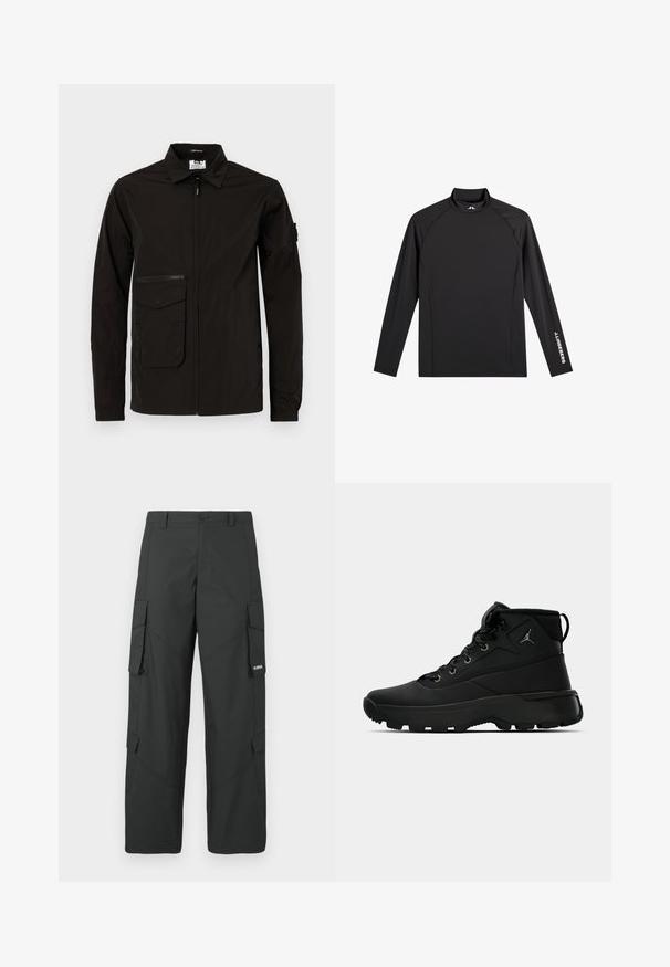 Veste légère noire avec une fermeture éclair à l'avant, une grande poche à rabat et une poche poitrine zippée supplémentaire. Elle possède un col et des poignets élastiques.; Haut de sport noir à manches longues avec col montant, coupe ajustée, et logo blanc "J.Lindeberg" sur la manche gauche et le col.; Pantalons cargo noirs à jambes droites avec poches latérales à rabat, fermeture à bouton, passants de ceinture et petit logo blanc sur le rabat de la poche droite.; Baskets montantes noires en synthétique texturé, avec des œillets en métal, des lacets noirs et une semelle en caoutchouc avec des motifs de traction.