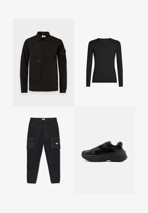 Veste légère noire avec une fermeture éclair à l'avant, une grande poche à rabat et une poche poitrine zippée supplémentaire. Elle possède un col et des poignets élastiques.; Chemise noire à manches longues, ajustée, avec col ras du cou, arborant un logo Icebreaker discret sur la manche gauche, présentée sur un fond blanc.; Pantalon de survêtement noir fuselé avec taille élastique, cordon de serrage, deux poches latérales et poches cargo style zippées avec rabat sur les cuisses.; Baskets noires épaisses avec semelle épaisse, panneaux en daim et en mesh, et détails de conception texturés sur le côté et le bout.