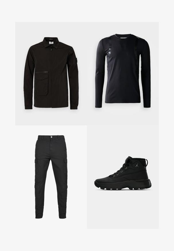 Mustad must jakk, millel on ees lukk, suur klapptasku ja lisaks veel lukuga rinna_tasku. Omab kaelust ja elastseid mansette.; Must have pikkade varrukatega spordipoliis, mis on valmistatud siledast ja venivast kangast. Omab läikivaid musti aktsente õlgadel ja Adidas logo rinnal.; Mustra mustra püksid vastupidavast kangast. Omab mitmeid küljetaskuid, nupuga sulgemist ja kitsenevat jala disaini. Lame ees, ilma mustriteta.; Mustad musta värvi kõrgemad spordijalatsid, millel on tekstuuriga sünteetiline pealmine osa, metallist silmad, mustad paelad ja kummist välistald, millel on haardemustri.