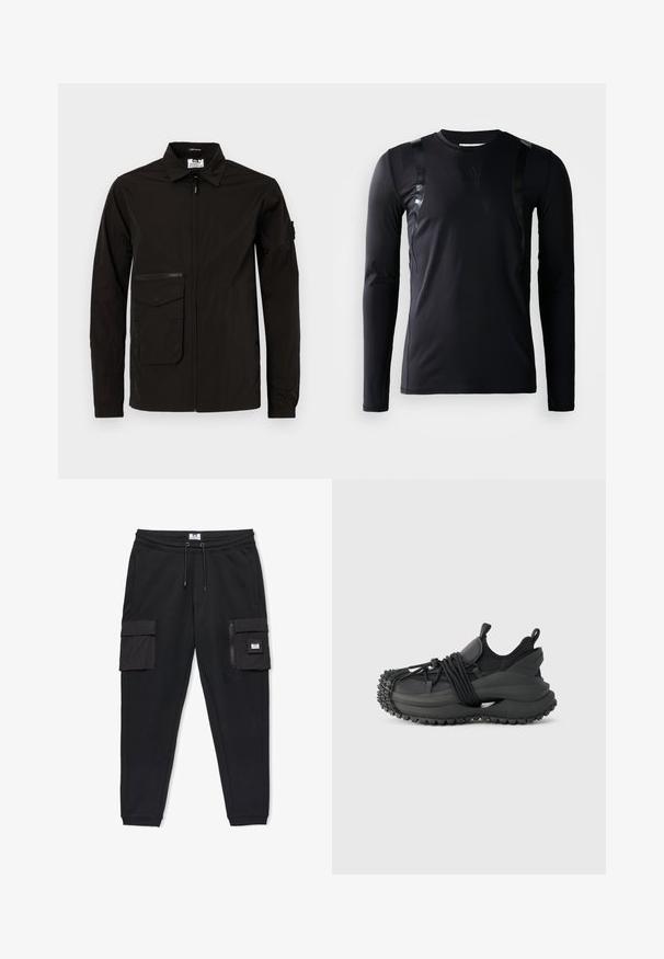 Veste légère noire avec une fermeture éclair à l'avant, une grande poche à rabat et une poche poitrine zippée supplémentaire. Elle possède un col et des poignets élastiques.; T-shirt de sport à manches longues noir en tissu lisse et extensible. Présente des accents noirs brillants sur les épaules et un logo Adidas sur la poitrine.; Pantalon de survêtement noir fuselé avec taille élastique, cordon de serrage, deux poches latérales et poches cargo style zippées avec rabat sur les cuisses.; Emporio Armani Baskets basses - black