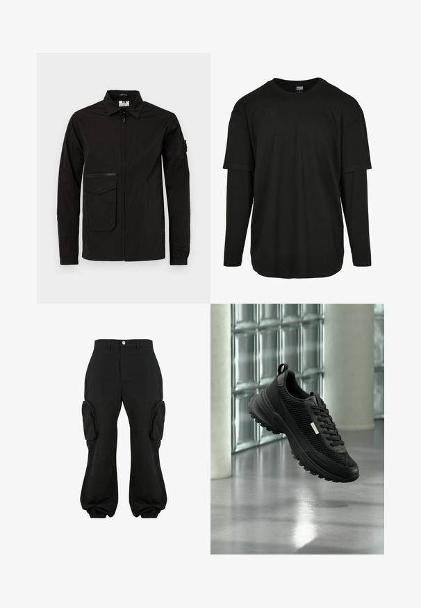 Veste légère noire avec une fermeture éclair à l'avant, une grande poche à rabat et une poche poitrine zippée supplémentaire. Elle possède un col et des poignets élastiques.; Urban Classics OVERSIZED SHAPED DOUBLE LAYER LS TEE - T-shirt à manches longues - black/black; Pantalons cargo noirs avec une coupe décontractée, dotés de deux poches cargo latérales, de poignets élastiques aux chevilles et d'une fermeture à bouton à la taille.; Basket sportive noire avec des panneaux latéraux en mesh et une semelle épaisse flottant à l'intérieur près de blocs de verre et de colonnes sur un sol lisse.