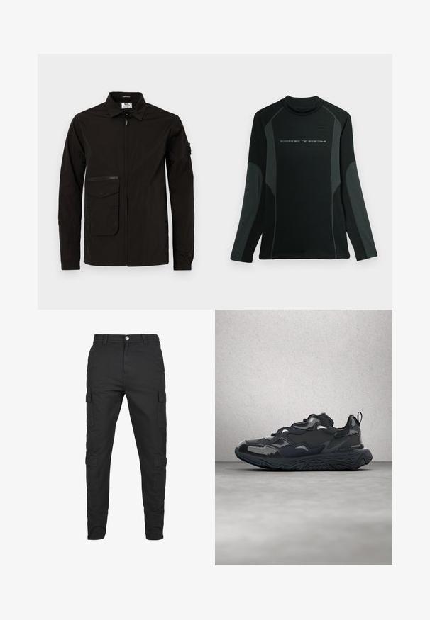 Veste légère noire avec une fermeture éclair à l'avant, une grande poche à rabat et une poche poitrine zippée supplémentaire. Elle possède un col et des poignets élastiques.; Chemise noire à manches longues avec col haut, fabriquée en tissu texturé. Présente des panneaux latéraux gris et le logo "NIKE TECH" sur la poitrine.; Pantalons cargo noirs en tissu durable. Comprend plusieurs poches latérales, une fermeture à bouton et un design de jambe fuselée. Devant plat, sans motifs.; Chaussure de course noire avec une tige texturée, des accents lisses et une semelle épaisse à motif ondulé, conçue pour le confort et la durabilité.