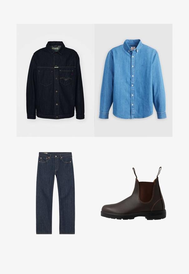 Veste en denim foncé avec un col chemise, deux poches poitrine et fermeture à bouton. Présente des coutures jaunes contrastantes et une étiquette de marque.; Chemise en denim bleu clair à manches longues, col boutonné et boutons blancs. Dispose d'un petit logo brodé sur la poitrine.; Jeans en denim bleu foncé avec une coupe droite, dotés de rivets en cuivre, de coutures jaunes et de poches avant. Texture lisse avec des détails de design minimaux.; Botte Chelsea en cuir marron avec panneau latéral élastique, coutures marron, languettes de tirage, et une semelle en caoutchouc durable avec un motif texturé.