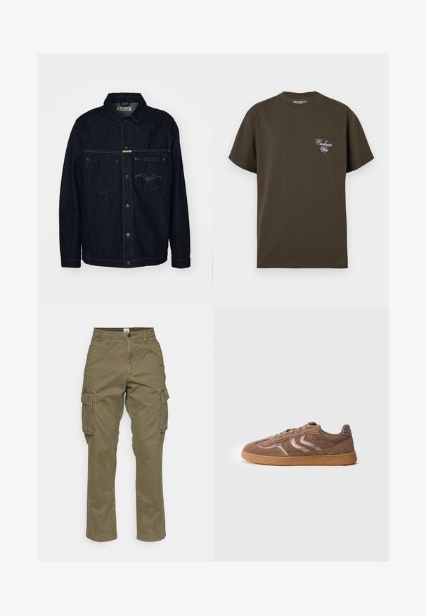 Dunkelblaues Jeansjackett mit Hemdkragen, zwei Brusttaschen und Knopfverschluss. Verfügt über kontrastierende gelbe Nähte und ein Markenlabel.; Dunkel olivgrünes T-Shirt mit kurzen Ärmeln, Rundhalsausschnitt und kleinem weißen "Carhartt Wip" Schriftzug auf der linken Brust.; Olivgrüne Cargohosen aus Baumwolle mit geradem Bein, seitlichen Taschen und dezenten Nähten. Die Textur ist glatt und das Material ist langlebig.; Braune Wildleder-Sneaker mit Gummisohle, durchbrochenen Details, genähten Chevron-Streifen und Schnürverschluss, von der Seite auf einem weißen Hintergrund gezeigt.