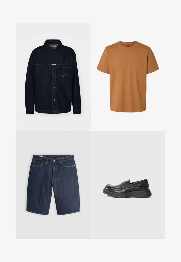 Dunkelblaues Jeansjackett mit Hemdkragen, zwei Brusttaschen und Knopfverschluss. Verfügt über kontrastierende gelbe Nähte und ein Markenlabel.; Schlichtes braunes Baumwoll-T-Shirt mit kurzen Ärmeln, Rundhalsausschnitt und regulärer Passform, mit dem Aufdruck „Selected Homme“ im Innenkragen.; Dunkelblaue Denim-Shorts, ausgestattet mit einem klassischen Design, fünf Taschen, gestickten Nähten, einem Knopfverschluss und geschwungenen Gesäßtaschen.; Schwarzer Leder-Schlupfschuh im Mokassin-Stil, mit runder Zehenpartie, dicker Gummisohle und feinen Steppnähten im oberen Bereich.