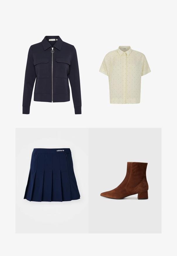 Mørkeblå lynlåsjakke fremstillet af blødt stof med krave, to forreste lommer og en rund lynlåsgreb. Glat tekstur og tætsiddende design.; Kortærmet gul bluse med knaplukning foran, prydet med små sorte prikker og en klassisk krave. Fremstillet af letvægtsstof.; Marineblå plisseret nederdel lavet af letvægtsstof; har en elastisk talje og en lille lynlås-lomme, med et hvidt Adidas-logo på forsiden.; Brune ruskind ankelstøvler med spids tå og en kraftig firkantet hæl, der har en glat overflade og et minimalistisk design.