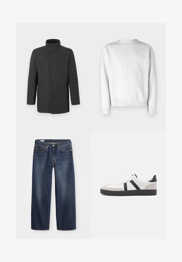 Tummas hallis kalasabapattu mustriga villane mantel kõrge krae, nööp-lukuga ja küljelt tasku detailiga. Klassikaline, kroogitud lõige.; Heled hall crewneck sviiter, mis on valmistatud pehmest fliismaterjalist. Sviitril on soonikkoes varrukate ja hem, samuti sujuv tekstuur.; Tumedast sinisest denimist valmistatud sirge lõikega teksad, viie taskuga disain, metallist nööp ja tõmblukk, ning peened kulumisjäljed.; Valged tossud mustade ja hallide aktsentidega, tekstureeritud halli varbakattega, musta kummitald ja lamedad valged paelad. Puhtad jooned, minimalistlik stiil.
