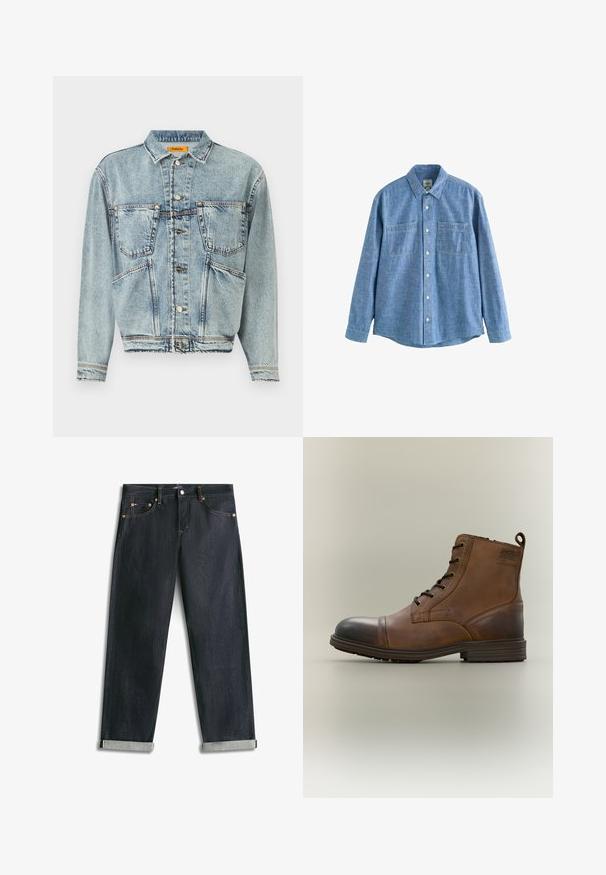 Lichtblauwe spijkerjas met een kraaghalslijn, twee voorkiezen en knoopsluitingen. Heeft een iets cropped ontwerp en zichtbare stiksels.; Blauw chambray overhemd met lange mouwen, knoopsluiting aan de voorkant en twee borstzakken, plat gelegd op een witte achtergrond.; Donkerblauwe spijkerbroek met omgeslagen boorden, vijf zakken en contrasterende stiksels, plat uitgespreid op een witte achtergrond.; Bruine leren enkellaars met veters, zwarte neuskap, ronde zool en merkdetail aan de zijkant tegen een effen achtergrond.