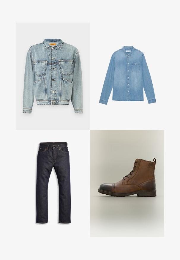 Lyseblå denimjakke med krave, to frontlommer og knaplukninger. Har et let cropped design og synlige syninger.; Lys blå denim skjorte med knapper, lange ærmer, spids krave, en enkelt brystlomme og subtil falmning på stoffet.; Mørkeblå denimjeans med lige snit, fem-lomme design, metalbeslag og kontrasterende orange syninger. Glat tekstur, ingen synlige mønstre.; Brun læderstøvle med snørebånd, sort tåhætte, rund sål og mærket detalje på siden mod ensfarvet baggrund.