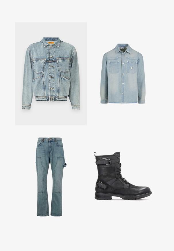 Lyseblå denimjakke med krave, to frontlommer og knaplukninger. Har et let cropped design og synlige syninger.; Lyseblå denimjakke med lange ærmer, to brystlommer, sølvknapper og et lille logopatch på venstre lomme.; Lyseblå denim cargo bukser med lige ben-design, der har flere lommer og en knaplukning i taljen.; Kazar HEARD - Cowboy- / bikerstøvlette - black