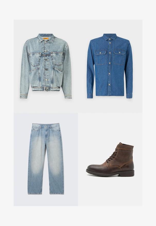 Hellblaue Jeansjacke mit Kragen, zwei vorderen Taschen und Knopfverschlüssen. Hat ein leicht verkürztes Design und sichtbare Nähte.; Dunkelblaue Jeanshemd mit langen Ärmeln und geknöpften Manschetten, spitzem Kragen, zwei Brusttaschen und vorderem Knopfverschluss mit goldenen Beschlägen.; Hellblaue Straight-Leg Denim-Jeans mit verblassten vorderen Oberschenkeln, Fünf-Taschen-Stil, Knopfverschluss und Gürtelschlaufen.; Jack & Jones JFWDELANEY BOOT - Schnürstiefelette - cognac
