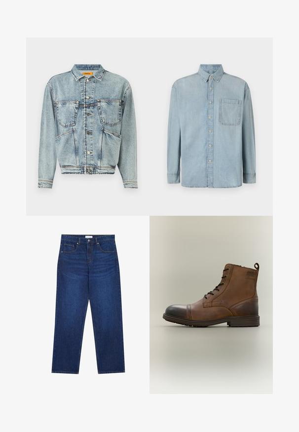 Lyseblå denimjakke med krave, to frontlommer og knaplukninger. Har et let cropped design og synlige syninger.; Lyseblå denimskjorte med lange ærmer, knaplukning foran og en enkelt brystlomme. Har en klassisk krave og standard manchetter.; Mørkeblå denimjeans med lige ben-design, der har en knap- og lynlåslukning, fem lommer og synlige syninger.; Brun læderstøvle med snørebånd, sort tåhætte, rund sål og mærket detalje på siden mod ensfarvet baggrund.