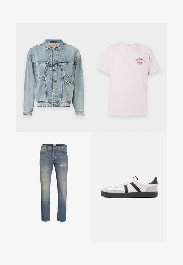 Chaqueta de mezclilla azul clara con cuello, dos bolsillos frontales y cierres de botón. Presenta un diseño ligeramente recortado y costuras visibles.; Camiseta de manga corta de color rosa claro con un gráfico rojo en forma de diamante que dice "Miami Replay Palace Florida" en la parte superior izquierda del pecho.; Jeans de mezclilla azul claro con un diseño de pierna recta, detalles desgastados en la parte frontal y un estilo clásico de cinco bolsillos con cremallera.; Zapatilla blanca con acentos en negro y gris, que presenta una puntera texturizada en gris, suela de goma negra y cordones planos blancos. Diseño limpio, estilo minimalista.