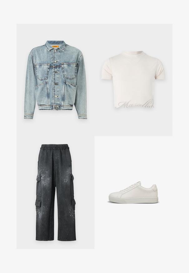 Lyseblå denimjakke med krave, to frontlommer og knaplukninger. Har et let cropped design og synlige syninger.; Kort cremefarvet crop-top med korte ærmer og en svag broderet skrift langs bundkanten.; Sorte cargo bukser med elastisk talje, sidelommer og en struktureret overflade, der har hvide prikker på forsiden.; Hvide lædersneakers med en glat tekstur, rundet tå, snørelukning med seks huller og en tyk gummisål. Minimalistisk design med diskrete syninger.