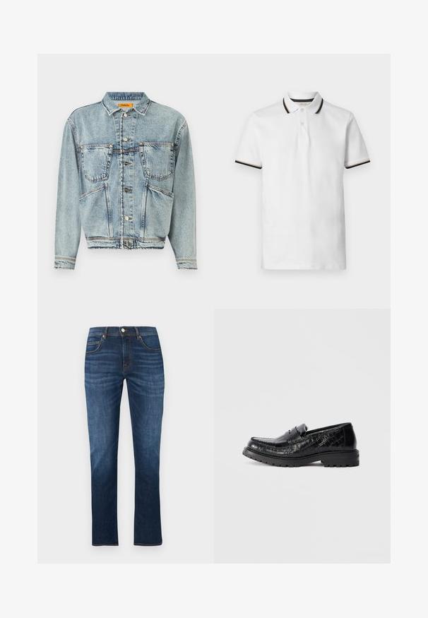 Lyseblå denimjakke med krave, to frontlommer og knaplukninger. Har et let cropped design og synlige syninger.; Hvid polo shirt med korte ærmer, sorte og beige striber på krave og ærmekanter, to-knaps placket og blødt bomuldsstof.; Mørkeblå denimjeans med en lige pasform, med knap- og lynlås-lukning, fem lommer og kontrasterende orange syninger.; Sort krokodilleskinnet loafers med kraftig sål og penny-strop, set fra siden, isoleret på lys grå baggrund.