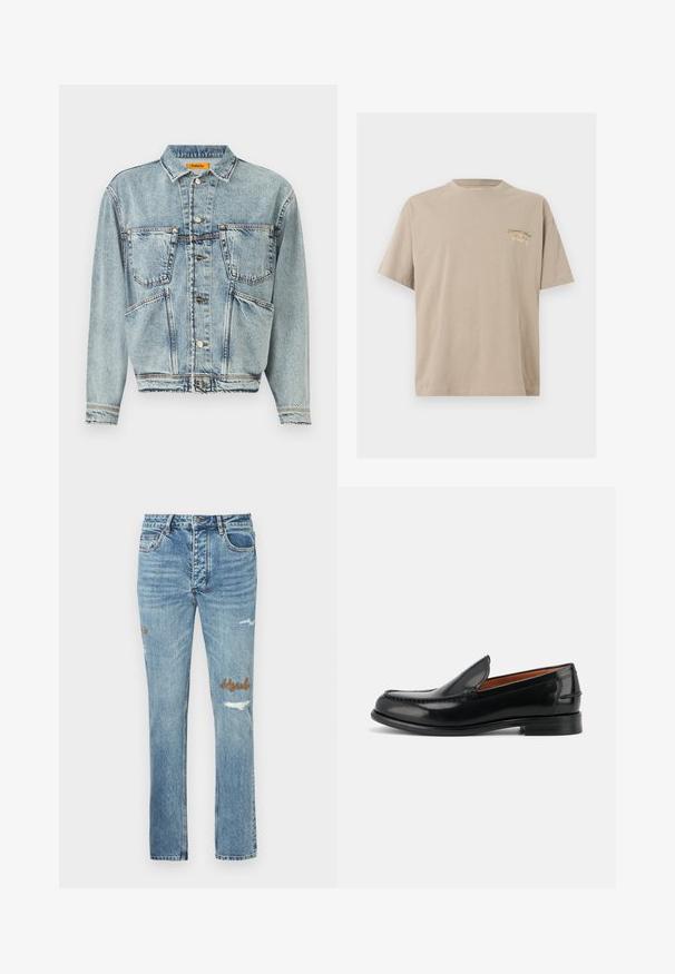 Chaqueta de mezclilla azul clara con cuello, dos bolsillos frontales y cierres de botón. Presenta un diseño ligeramente recortado y costuras visibles.; Camiseta de algodón beige de manga corta con cuello redondo y un pequeño estampado en el pecho que dice "Originals Since 1990" en verde y beige.; Vaqueros azul claro de corte recto con ligero desgaste y detalles de texto bordados en marrón en el muslo derecho y el muslo izquierdo.; Mocasín negro de cuero pulido, tipo slip-on, con tacón bajo y detalles cosidos a lo largo de la puntera y los costados, mostrado de lado.