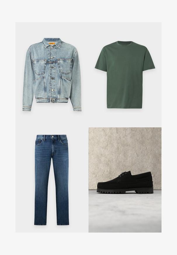 Lyseblå denimjakke med krave, to frontlommer og knaplukninger. Har et let cropped design og synlige syninger.; Ensfarvet t-shirt med korte ærmer og rund hals i mørk olivengrøn, vist fladt på en lysegrå baggrund.; Mørkeblå straight-leg denimjeans med frontknap og lynlås, for- og baglommer, vist på hvid baggrund.; Sort snørestøvle med tyk rilled sål, der svæver over beige tæppe, brun moderne rundt bord i blødt oplyst rum i baggrunden.