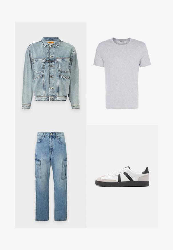 Hellblaue Jeansjacke mit Kragen, zwei vorderen Taschen und Knopfverschlüssen. Hat ein leicht verkürztes Design und sichtbare Nähte.; Graues Baumwoll-T-Shirt mit Rundhalsausschnitt, kurzärmlig und schlichtem Design, das eine weiche, glatte Textur aufweist und keine sichtbaren Muster oder Verzierungen hat.; Hellblaue Denim-Cargohosen mit hoher Taille, Frontknopf- und Reißverschluss, vorderen und seitlichen Klappentaschen, geradem Beinabschluss.; Weiße Sneaker mit schwarz- und grau-aczenten, ausgestattet mit einer strukturierten grauen Zehenkappe, schwarzer Gummi-Sohle und flachen weißen Schnürsenkeln. Sauberes Design, minimalistische Stil.