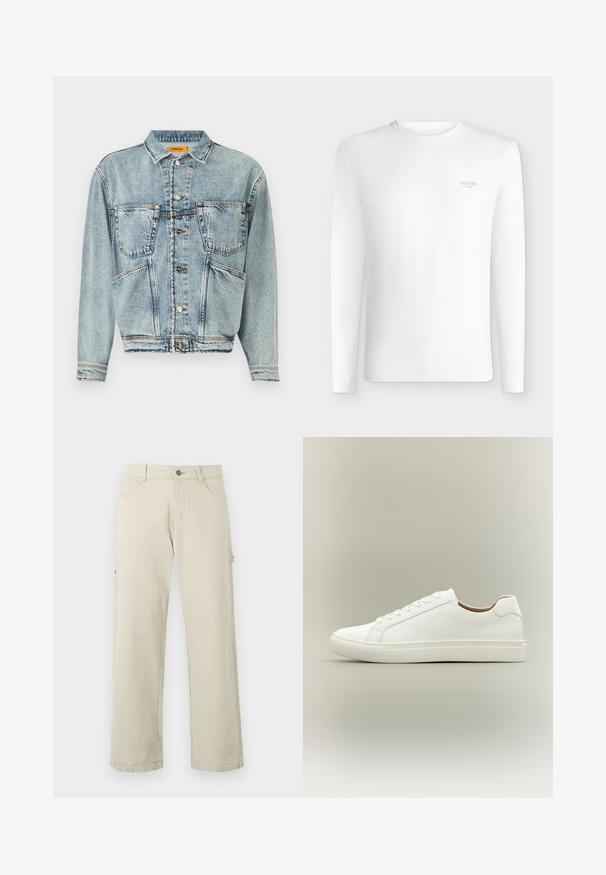 Lyseblå denimjakke med krave, to frontlommer og knaplukninger. Har et let cropped design og synlige syninger.; Hvid langærmet t-shirt med rund hals og lille "GUESS Los Angeles" logo på venstre bryst.; Beige og hvide, lodrette, stribede bukser med lige ben, knaplukning, bæltestropper og sidelommer, vist på en ensfarvet baggrund.; Hvid lavt snøresko med snørelukning og flad sål, vist fra siden på en neutral baggrund.