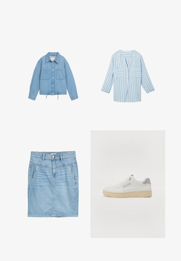 Leren spijkerjack in lichtblauw met knoopsluiting aan de voorkant, twee borstzakken, verstelbare trekkoord onderrand en lange mouwen met manchetdetails.; Lichtblouse met blauwe en witte strepen, rond de hals, driekwartmouwen en twee borstzakken, met een kleine opening aan de voorkant.; Lichtblauwe denimrok met een recht ontwerp, voorkruiszakken, zichtbare stiksels en een knoopsluiting. Zachte textuur en klassieke snit.; Heren witte sneakers met een gladde textuur, grijze accenten, ronde neus en een beige rubberen zool. Bevat een zijlabel en geperforeerde details.