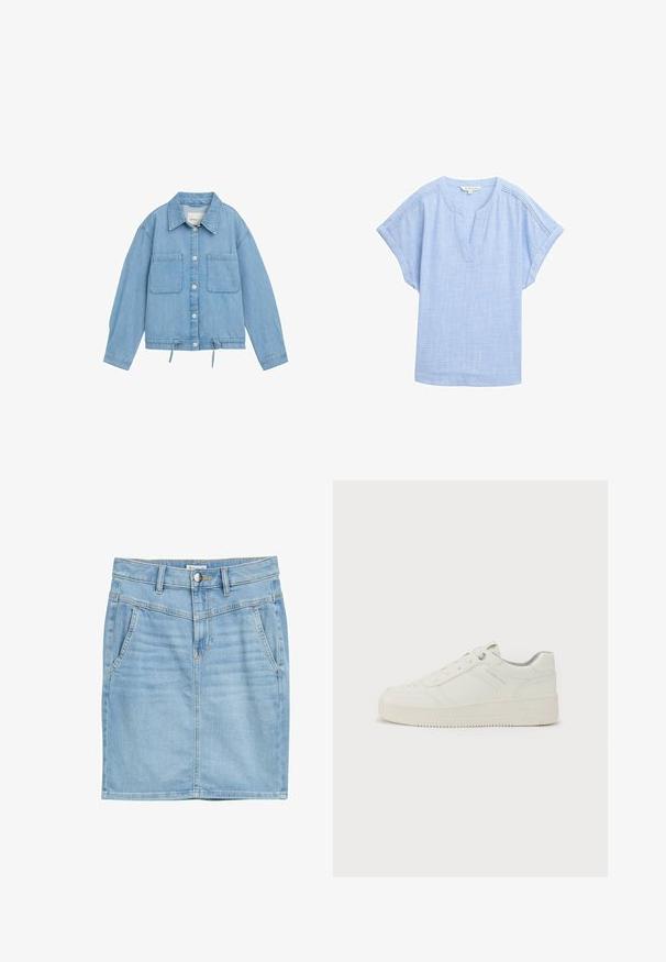Jeansjacke in Hellblau mit Knopfleiste, zwei Brusttaschen, verstellbarem Kordelzug am Saum und langen Ärmeln mit Bündchendetails.; Hellblauses, kurzärmeliges Hemd aus einem atmungsaktiven Stoff, mit einem V-Ausschnitt und einem dezenten, strukturierten Muster.; Hellblauer Jeansrock mit geradem Design, vorderen Taschen, sichtbaren Nähten und einer Knopfverschluss. Glatte Textur und klassischer Schnitt.; Weißer Sneaker mit glattem Ledermantel, runder Zehenpartie, sechs Ösen, gepolstertem Kragen und strukturiertem Gummisohle. Dezentes Markenlogo an der Seite.