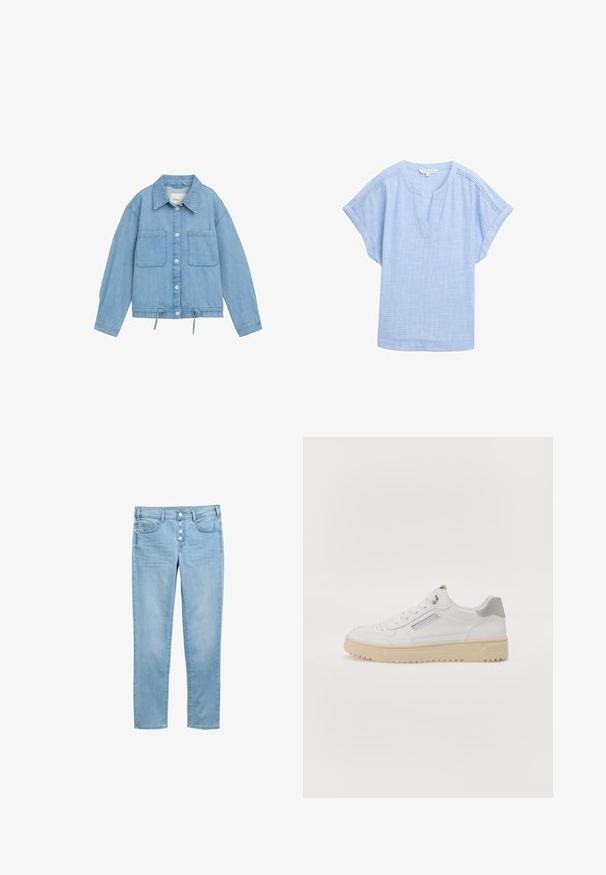 Jeansjacke in Hellblau mit Knopfleiste, zwei Brusttaschen, verstellbarem Kordelzug am Saum und langen Ärmeln mit Bündchendetails.; Hellblauses, kurzärmeliges Hemd aus einem atmungsaktiven Stoff, mit einem V-Ausschnitt und einem dezenten, strukturierten Muster.; Hellblaue Jeans aus Denim mit tailliertem Design, fünf Taschen und einem mit Knöpfen versehenen Reißverschluss mit fünf sichtbaren Knöpfen. Glatte Textur und klassischer Schnitt.; Männliche weiße Sneakers mit glatter Textur, grauen Akzenten, runder Zehenpartie und einer beigen Gummisohle. Verfügt über ein seitliches Etikett und durchbrochene Details.