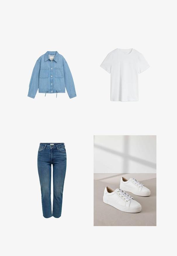 Lys blå denimjakke med knaplukning, to brystlommer, justerbar snor i kanten og lange ærmer med manchetter.; Almindelig hvid t-shirt med korte ærmer og rund hals i almindelig pasform på hvid baggrund.; Mellemhøje blå denim jeans med lige ben, der har fem lommer, lynlås og subtile slidser på lårene.; Hvide sneakers lavet af struktureret læder, med runde tå, flade hvide såler og gyldne snørehuller. Minimalistisk design med perforerede detaljer.