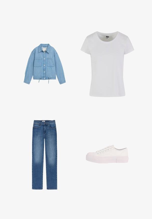 Lys blå denimjakke med knaplukning, to brystlommer, justerbar snor i kanten og lange ærmer med manchetter.; Hvid, kortærmet t-shirt lavet af bomuld. Har en rund halsudskæring og en tætsiddende form. Lappen læser "URBAN CLASSICS."; Blå denim jeans med lige ben, der har forlommer, falmende detaljer og en knappelukning. Klassisk design med minimale pyntedele.; Hvid lav sneaker med snørelukning foran og tyk gummisål, vist fra siden mod en hvid baggrund.