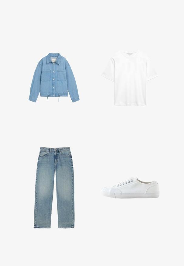 Lys blå denimjakke med knaplukning, to brystlommer, justerbar snor i kanten og lange ærmer med manchetter.; Simpel hvid kortærmet bomulds-T-shirt med rund hals, vist fladt mod hvid baggrund.; Lyseblå denimjeans med vid ben, falmet tekstur, fem lommer, knap- og lynlåslukning, lige kant og klassiske syningsdetaljer.; Hvid lavtop lærredsneaker med hvide snørebånd og gummisål, vist fra siden på en hvid baggrund.