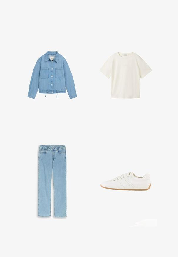 Leren spijkerjack in lichtblauw met knoopsluiting aan de voorkant, twee borstzakken, verstelbare trekkoord onderrand en lange mouwen met manchetdetails.; TOM TAILOR DENIM T-shirt basic - gardenia white; Lichtblauwe rechte spijkerbroek met knopen aan de voorkant, ritssluiting en vijfzakkenmodel, vlak uitgespreid op een witte achtergrond.; Witte lage sneaker met beige rubberen zool, veters, geperforeerde zijdetails en het "Tom Tailor"-logo aan de zijkant.