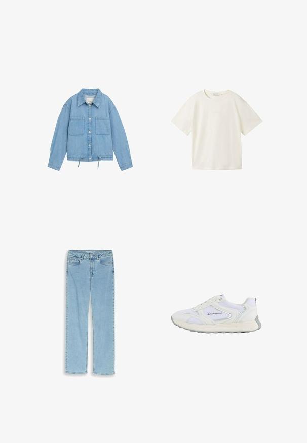 Leren spijkerjack in lichtblauw met knoopsluiting aan de voorkant, twee borstzakken, verstelbare trekkoord onderrand en lange mouwen met manchetdetails.; TOM TAILOR DENIM T-shirt basic - gardenia white; Lichtblauwe rechte spijkerbroek met knopen aan de voorkant, ritssluiting en vijfzakkenmodel, vlak uitgespreid op een witte achtergrond.; Witte sportschoen met een bovenwerk van mesh en synthetisch materiaal, voorzien van zilveren accenten en een gestructureerde rubberen zool, gelabeld "TOM TAILOR."