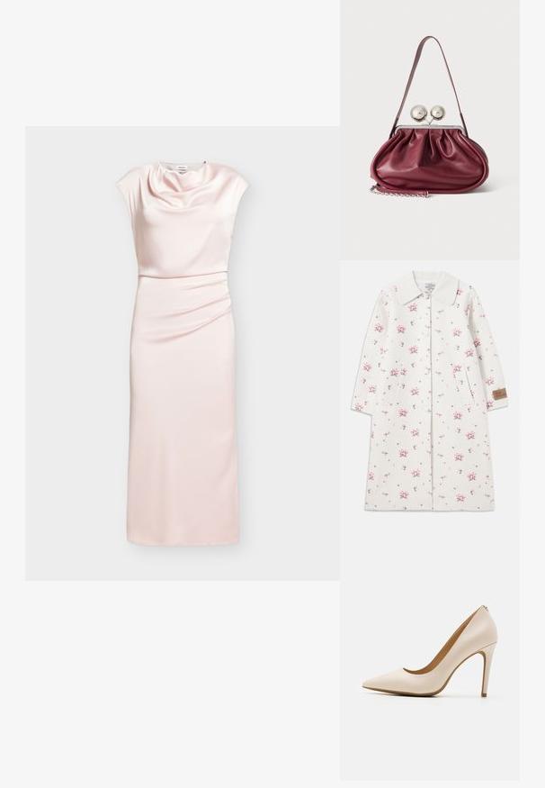 Manteau léger gris clair à motifs floraux avec un col, des boutons sur le devant et des poches latérales. Présente de petites fleurs roses et vertes ainsi qu'une étiquette en tissu.; Robe midi rose clair sans manches en satin avec col bénitier drapé et détail froncé à la taille sur fond neutre.; Escarpin beige à talon haut, à bout pointu, finition en cuir lisse, talon stiletto mince, design minimaliste avec un détail arrière subtil.; Petit sac à main en cuir bordeaux avec des détails froncés, une fine bandoulière et une fermeture argentée comportant deux gros boutons ronds.
