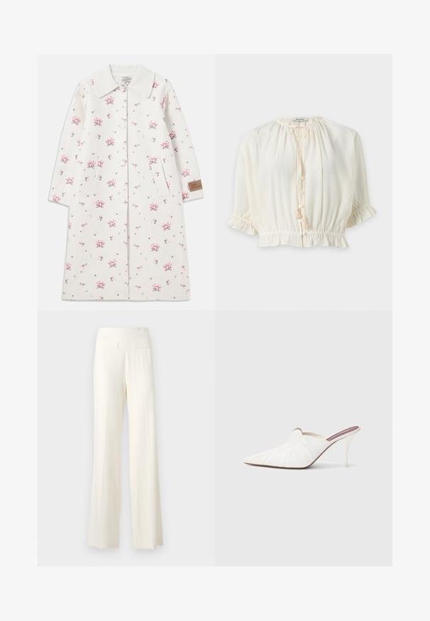 Manteau léger gris clair à motifs floraux avec un col, des boutons sur le devant et des poches latérales. Présente de petites fleurs roses et vertes ainsi qu'une étiquette en tissu.; Blouse blanche texturée avec manches trois-quarts, encolure ronde avec cordon, boutons sur le devant et taille et poignets élastiqués froncés.; Pantalons larges en ivoire avec un tissu texturé, présentant de subtils rayures verticales et deux poches arrière.; Mules blanches à bout pointu, texture plissée sur le dessus, et talon stiletto fin. Surface lisse et design minimaliste.