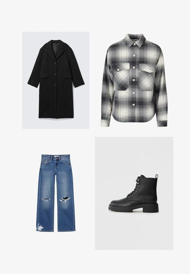 Manteau en laine noir avec un col cranté, trois boutons et deux poches avant, présentant une silhouette droite et des manches légèrement raccourcies.; Chemise en flanelle à carreaux noire, blanche et grise. Présente un devant à boutons, deux poches poitrine et des manches longues avec des poignets boutonnés.; Jean bleu droit avec des trous usés aux deux genoux et une petite déchirure près de l'ourlet inférieur de la jambe gauche.; Bottines en cuir noir avec un bout arrondi, un laçage à l'avant et une semelle épaisse à relief. Elles possèdent une languette à l'arrière.