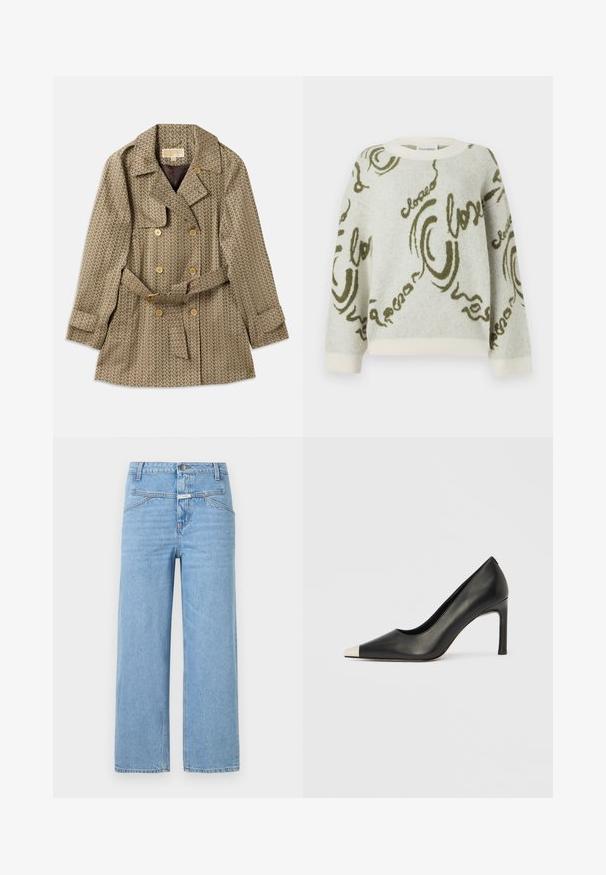 Manteau croisé en tissu tan avec un motif géométrique, doté de boutons dorés, d'une taille ceinturée et d'un col cranté.; CLOSED CREW NECK LONG SLEEVE - Pullover - ecru; CLOSED STOVER - Jean boyfriend - light blue; Chaussure à talon haut en cuir noir avec bout pointu et capuchon argenté métallique. Présente une finition lisse et un talon fin de 10 cm.