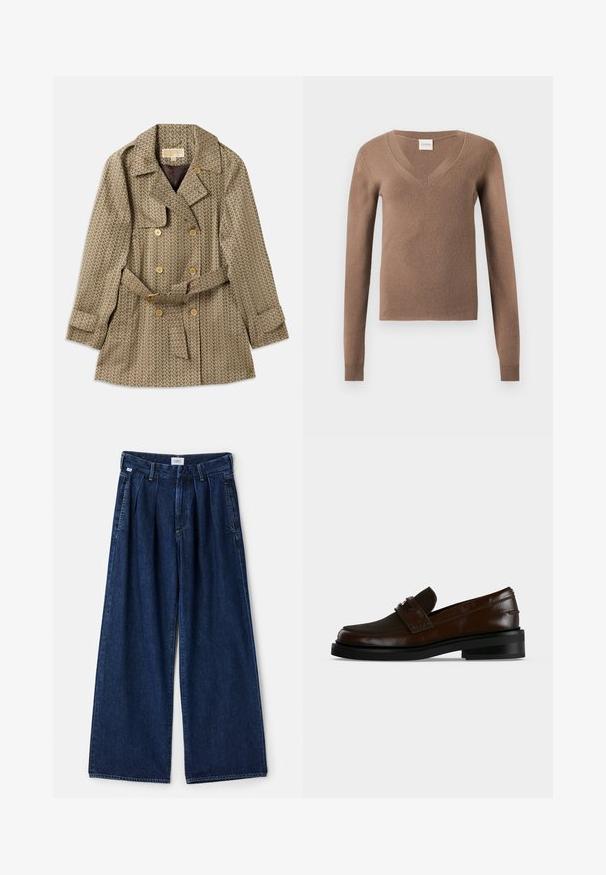 Manteau croisé en tissu tan avec un motif géométrique, doté de boutons dorés, d'une taille ceinturée et d'un col cranté.; Pull marron à manches longues avec col en V, poignets côtelés et petite étiquette cousue à l'encolure.; Pantalon en denim bleu à jambe large avec plis, doté d'une taille haute, de poches avant et d'une finition texturée. Le tissu est épais et robuste.; Mocassin en cuir marron foncé avec une semelle noire et un petit talon, avec une bride cousue avec un détail métallique sur le dessus.